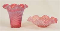 Fenton Cranberry Opalescent Hobnail Vase & Bowl