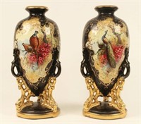 Pair of Hand Painted Vases w/ Peacocks & Pheasants