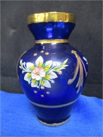 Cobalt Blue Glass Gold & Floral Vase