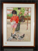 "Feeding pigeons" painting