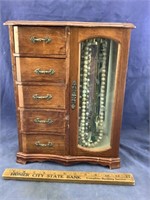 Tall Wooden Jewelry Box & Contents