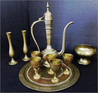 Brass Ewer, small goblets, tray, bowl & 2 vases