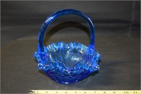 Fenton Blue Art Glass Thumbprint Handled Basket