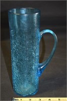 Vintage Blue Crackle Glass Handled 9.25" Pitcher