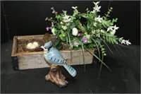 Wood Box, Blue Jar Figurine & Greenery