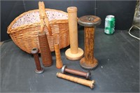 Basket & Antique Wood Sewing Spools