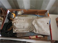 Box of tools including speed square, & more