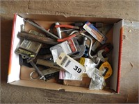 Box of tools including speed wrench, & more