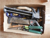 Box of tools including concrete float & more