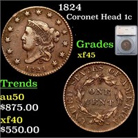 1824 Coronet Head Large Cent 1c Graded xf45 By SEG