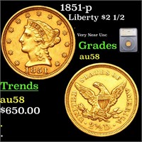 1851-p Gold Liberty Quarter Eagle $2 1/2 Graded au
