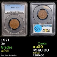 PCGS 1871 Two Cent Piece 2c Graded xf45 By PCGS