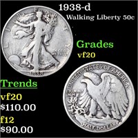 1938-d Walking Liberty Half Dollar 50c Grades vf,