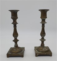 Two Heavy Brass Baluster Form Candlesticks