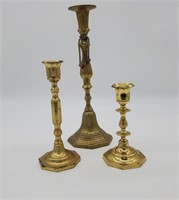 Three Octagonal Base Brass Candlesticks