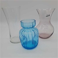 Three Glass Vases inc Blue Hyacinth Vase