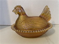 Amber Carnival Glass Nesting Hen