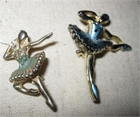 2 Vintage Enameled Ballerina Pins