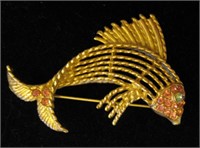 Vtg SK Goldtone & Rhinestone Fish Brooch