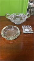Cut Glass Nut Dish and Two Glass Ashtrays