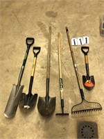 4 Shovels, Hoe and Rake