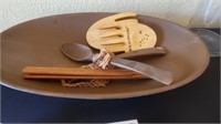 Wood Salad Bowl, Tongs, Etc