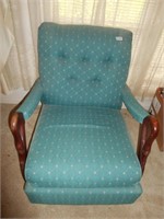 Vtg upholstered rocking chair w/wooden swan neck