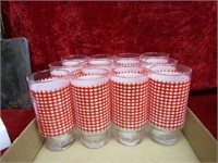 (12)Red Gingham 6" glasses. Fire King.