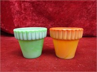 (2)Akro glass flower pots. Green & orange.