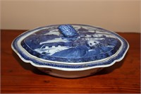 Blue Canton Porcelain Lidded Casserole Dish (has