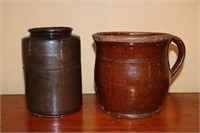 Redware Pitcher and a Brown Glazed Pottery Crock