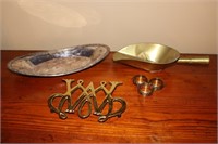 Brass Scoop, Initialed Trivet and 3 Napkin Rings