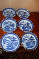 6 Canton Porcelain Cobalt Blue and White Bowls