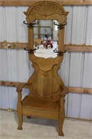 Antique Oak Hall Tree With Beveled Glass Mirror
