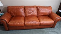 Solid Orange Leather Sofa-Good Cond-100"Wx37"Dx39"