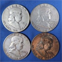 4 Franklin Half Dollars-1951,1954-D, 1957,1963-D