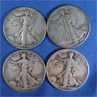 4 Liberty Half Dollars-1942, 1942-D, 1943, 1944