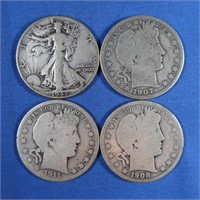 3 Barber Half Dollars 1907-OEO,1908,1911&Liberty