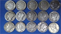10 Mercury Dimes, 5 Roosevelt Dimes-90% Silver