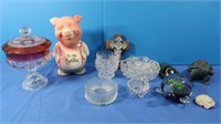 Ruby & Clear Glass Compote, Piggy Bank, Turtle