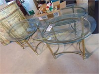 MATCHING COFFEE TABLE AND 2 GLASS TOP END TABLES
