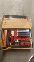 Box lot of HO Scale train cars and some track