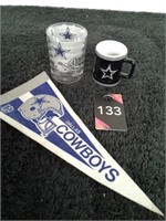 Dallas Cowboy shot glass, banner, tiny mug