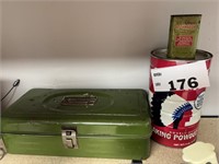 VINTAGE TACKLE BOX AND CANS