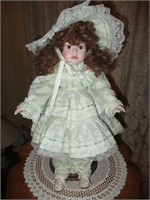 Fancy Dressed Porcelain Doll on Stand