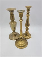Three Large Brass Candlestick Holders 12"