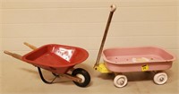 Red Wheel Barrow & Small Pink Metal Wagon