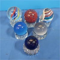 6 Ornate Glass Orbs on Salt Cellars