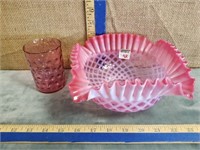 CRANBERRY OPALESCENT BOWL W/ TUMBLER