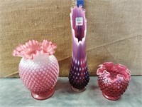 3 HOBNAIL CRANBERRY VASES